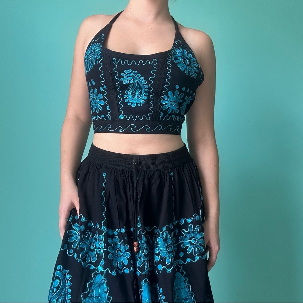 Embroidered Black and Blue Skirt Set